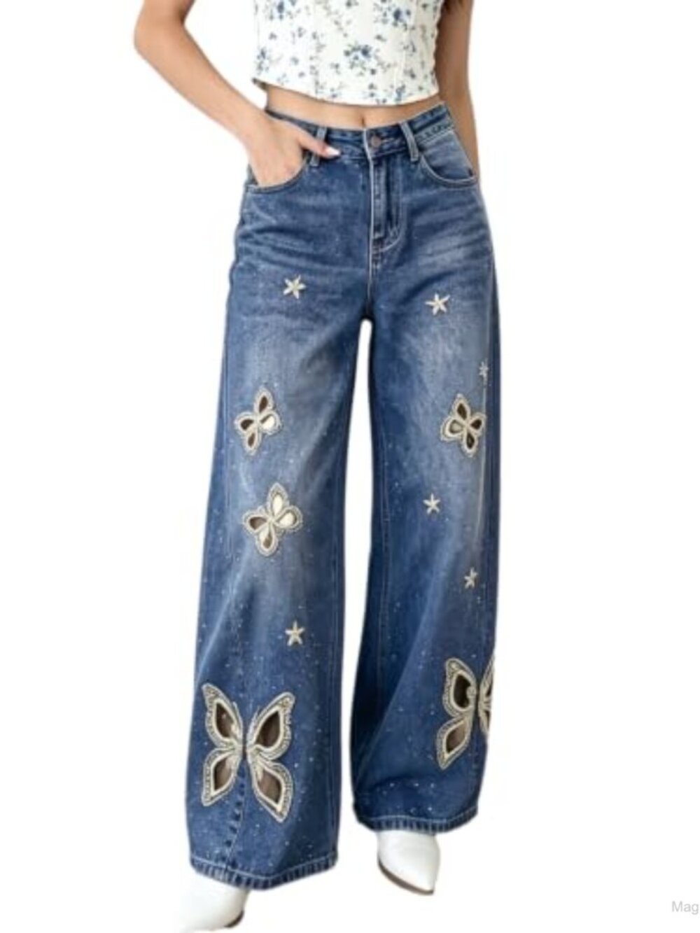 Women's Embroidered Hollow High Rise Wide Leg Stretchy Jeans